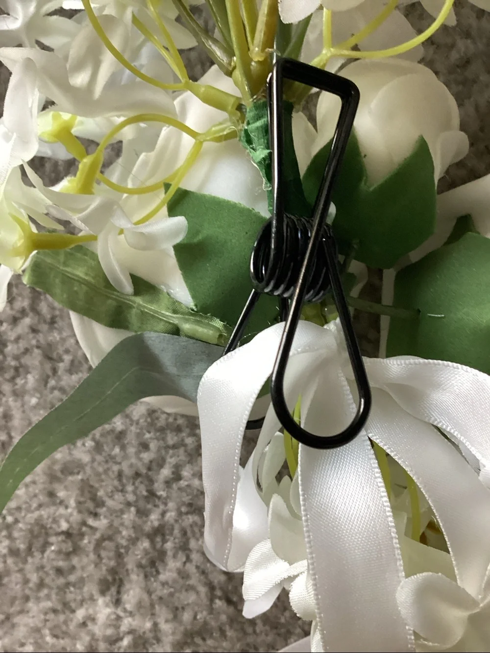 Pew Clip On Decorations - White Artificial Roses with green foliage - 4 included